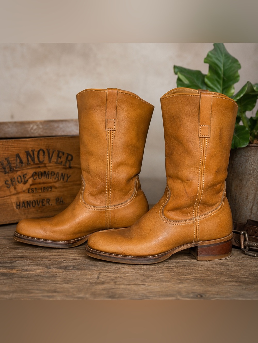 Vintage Hanover Leather Boots Men’s 11D Cognac Brown Heritage Workwear USA